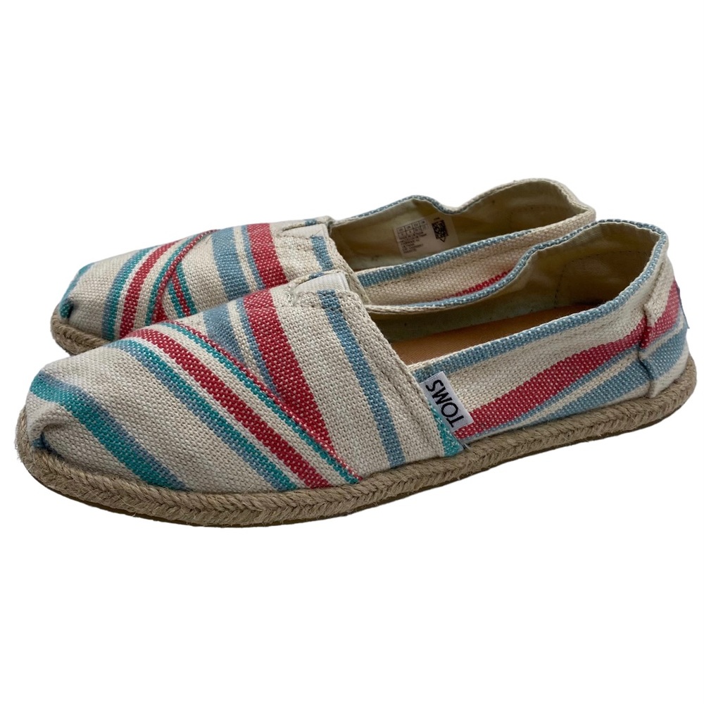 TOMS Slip On Shoe Women's Blue Red Cream Striped Canvas Sneaker Casual Size 6